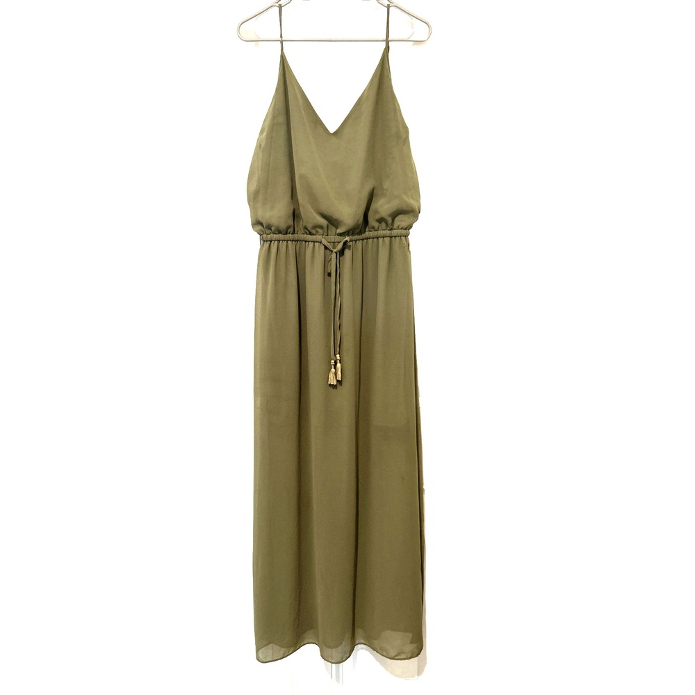 GUESS Los Angeles Sheer Side Slits Long Maxi‎ Dress Olive Green Large Tassled